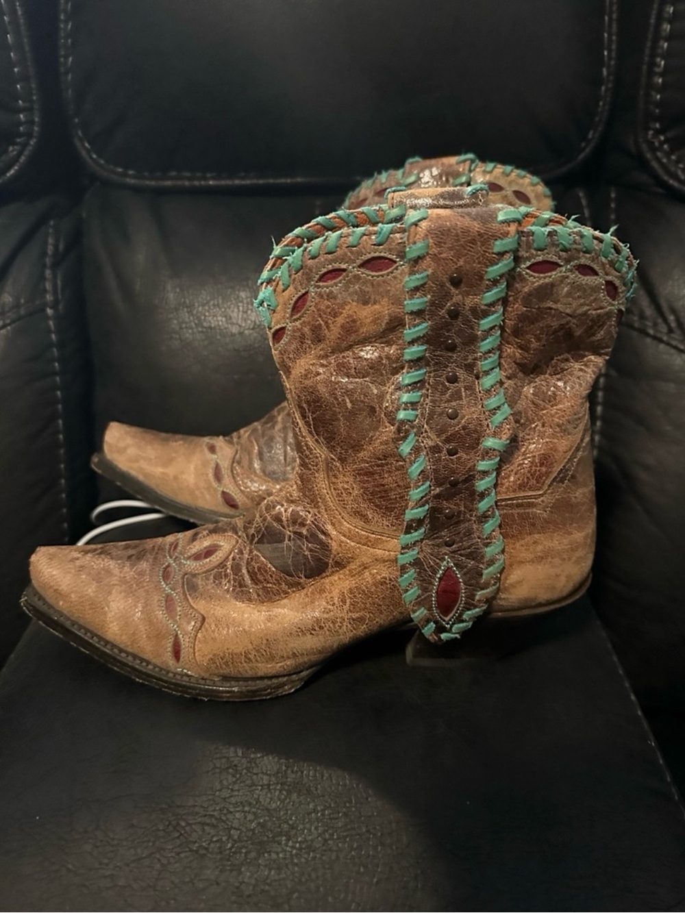 Dan Post Brown Leather Cowboy Boots with Turquoise and Red Accents